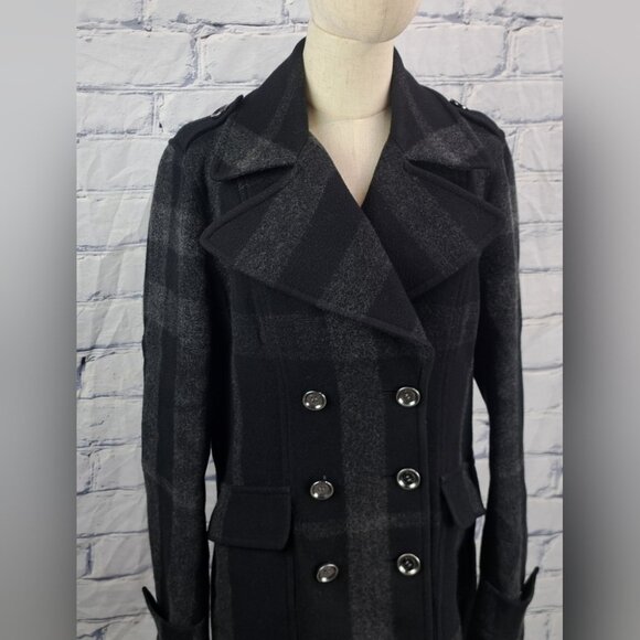 Burberry Double Breasted Pea Coat Winter Jacket Wool Check Plaid Plus Sz 14 US